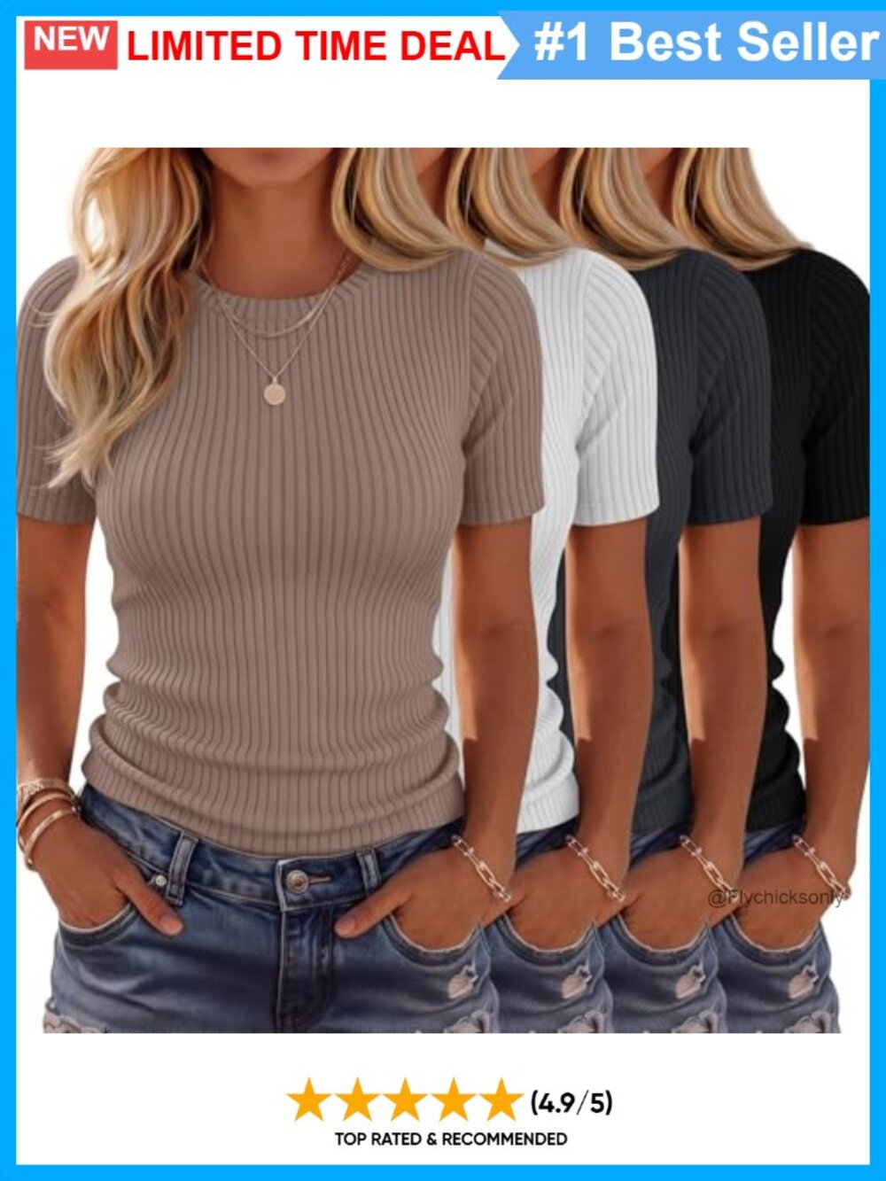 Women's Ribbed Slim Fit Crew Neck Short Sleeve T-Shirts 4 Pack